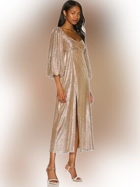 Show Me Your MuMu Sydney Gold Metallic Sequin Balloon Sleeve Slinky Midi Dress S